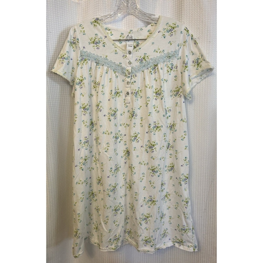 VTG Aria White Cotton Nightgown Blue Floral M Short Sleeve Cottagecore